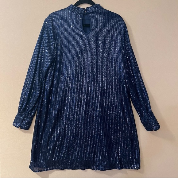 Chi Chi London Navy Blue Sequin Shift Dress Mock Neck Special Occasion Size 10 - Picture 3 of 16